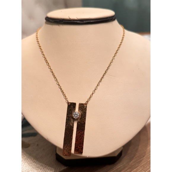 14K Plated Gold Hammered Bar Pendant Necklace with Cubic Zirconia Stone - Picture 4 of 10